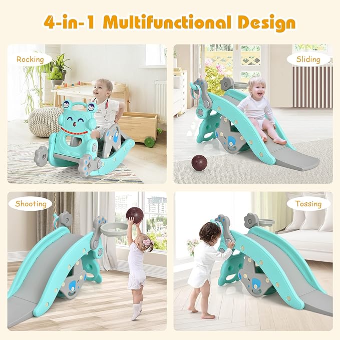 Costzon 5 in 1 Toddler Slide Rocking Toy, Slide for Kids with Detachable Stool, Basketball Hoop and Ring Game, Foldable Climber Playground Slide for Both Indoors Outdoor Use (Blue Penguin)