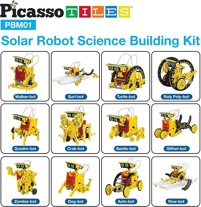 PicassoTiles 12-in-1 Solar Powered Transform Robot Set STEM Kids Educational Learning Engineering Building Toy Creative Unique Transformation Energy Science Experiment DIY Kit Boy Girl Age 8+ PBM01