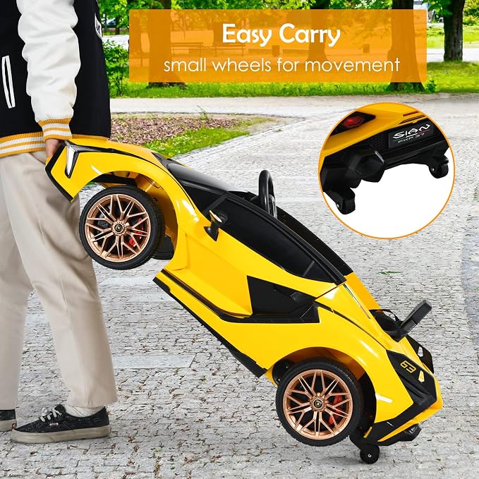 OLAKIDS Kids 12V Licensed Lamborghini SIAN Ride On Car, Electric Vehicle for Toddler with Control Remote, Battery Powered Toy with Music, 2 Speeds, Suspension, LED Lights, Bluetooth (Yellow)