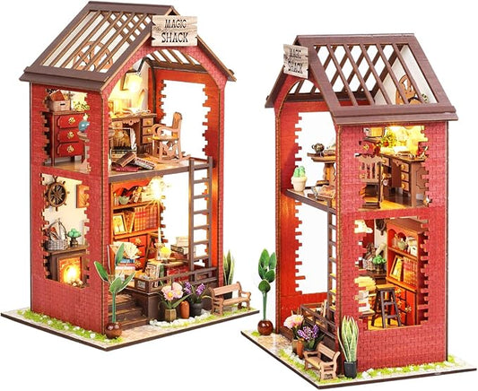 DIY Book Nook Kit, Beginner 3D Puzzle Wooden Book Nook, Dollhouse Kit, with Furniture and LED Light, Accessories Educational Toys, for 14+ Teens and Adults Building
