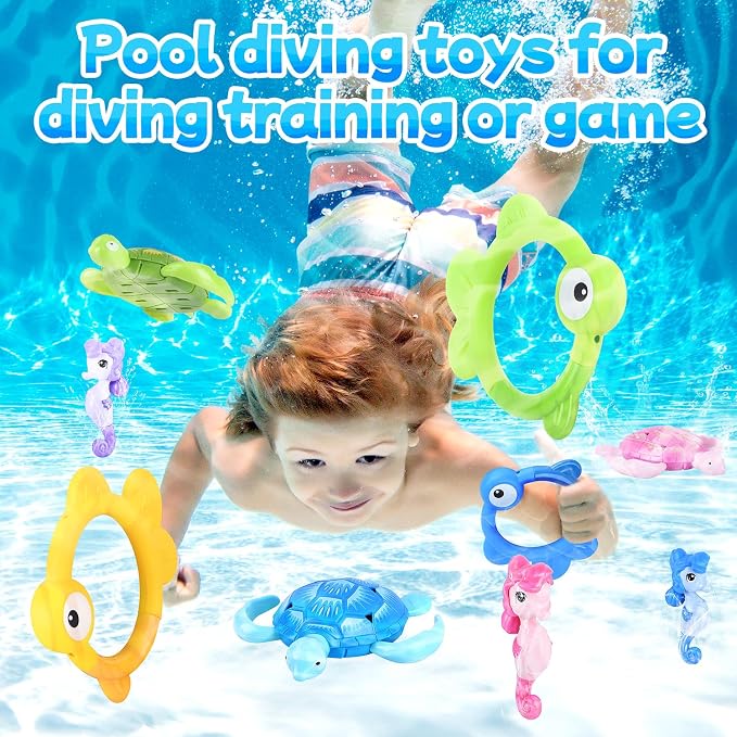 WeeHomm Pool Diving Toys for Kids, 14 PCS Swimming Pool Diving Rings, Summer Dive Sticks with Float Toys for Kids 4-8 8-12, Sea Animals Sinking Games for Teens, with Seahorse/Fish/Turtles/Ducks
