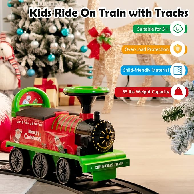 Costzon Ride on Toys, 6V Electric Ride on Train with Tracks, Storage Seat, Flashing Lights & Music, Backrest, Anti-tilt Device, Gift for Toddler Boys & Girls, Battery Powered Ride on Car (Green)