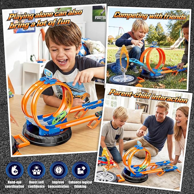 2026 Race Car Track Set Toy for Kids, Stunt Racing Playset with 360° Loop Car Track and Four 1:64 Scale Vehicles Gift Toys for Boys Girls Ages 3 4 5 6 7 8 (Standard)
