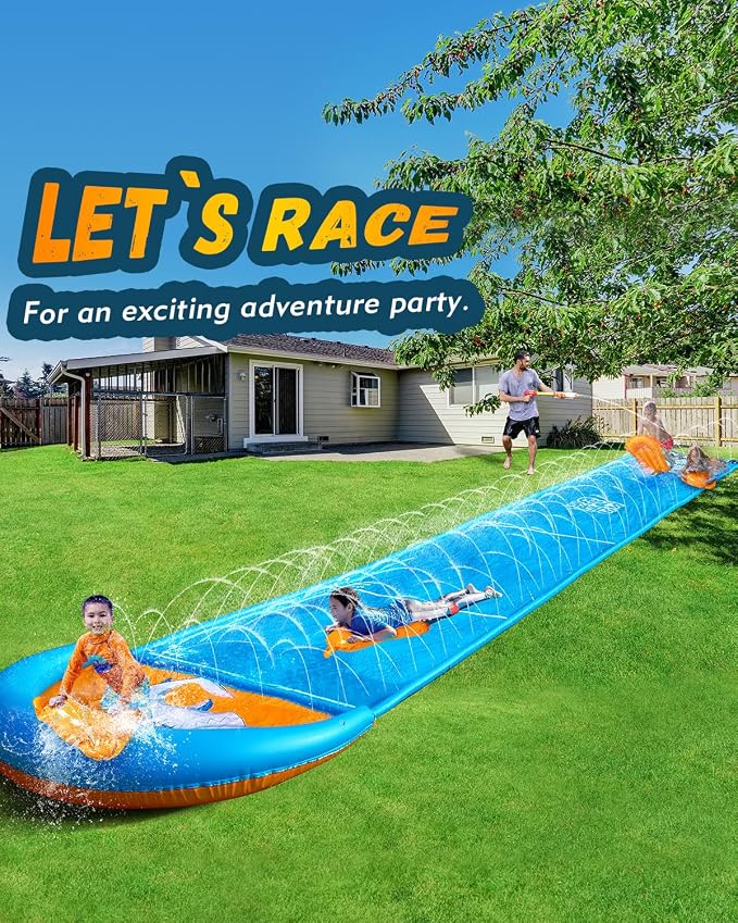 Spring Water Slip and Water Slide, 32FT Lawn Slip n WaterSlide for Kids Adults, Backyard Summer Outdoor Water Toys with Sprinkler, 2 Inflatable Bodyboards