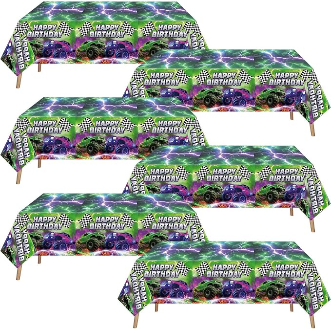Mifoci 6 Pcs Monster Truck Birthday Party Tablecloths Monster Machine Table Covers Large Plastic Disposable 108 x 54 Inches for Truck Theme Kid's Boys Birthday Shower Party Supplies (Fresh)