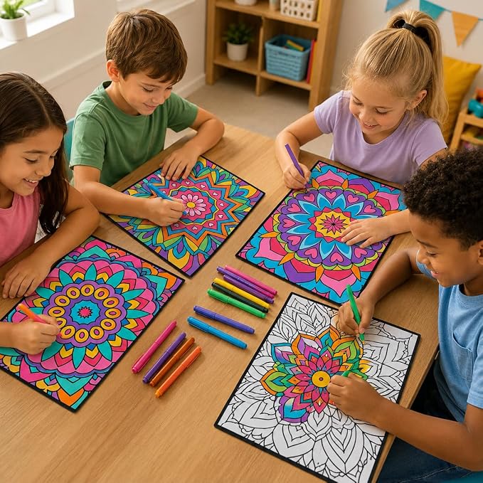 Cinrobiye 48 Pcs Velvet Coloring Posters Mandala Fuzzy Posters to Color Bulk Felt Mandala Coloring Page Craft for Adults Teenagers All Ages Classroom Assisted Living Festive Holiday Art&Craft Activity