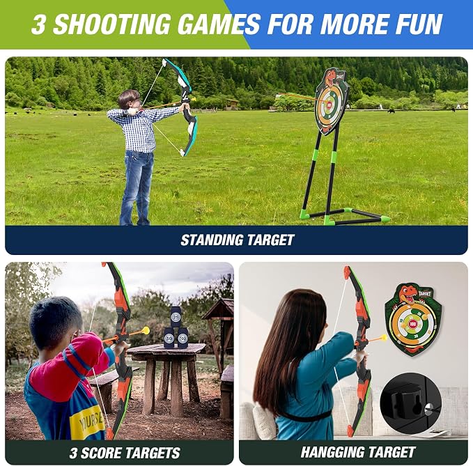 HYES 2 Pack Bow and Arrow for Kids, LED Light Up Archery Set with 24 Suction Cup Arrows, 1 Standing Target, 6 Score Targets & 2 Quiver, Indoor Outdoor Sport Gifts for Boys Girls Ages 4-8