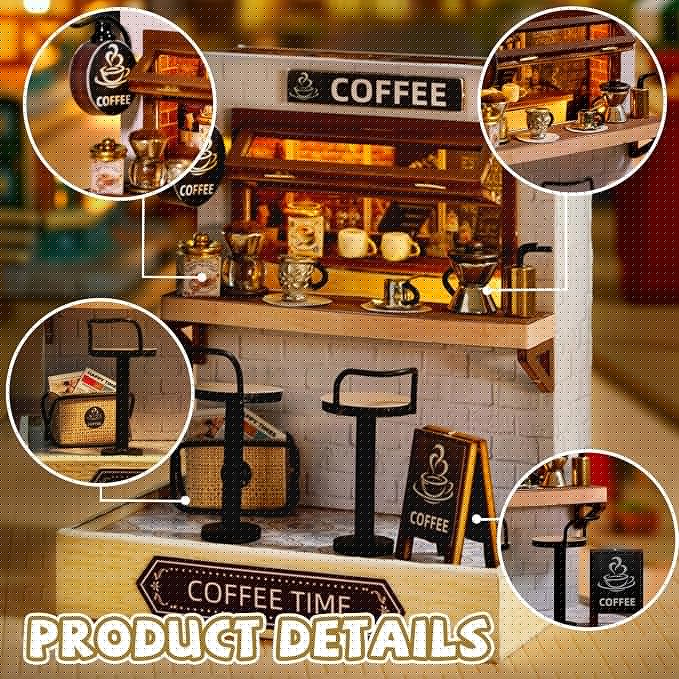 Kisoy Dollhouse Miniature with Furniture Kit, DIY 3D Wooden DIY House Kit with Dust Cover,Handmade Tiny House Toys for Teens Adults Gift (Coffee Time)