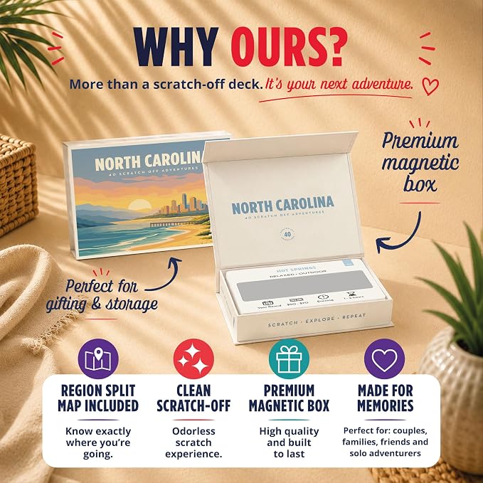 North Carolina Bucket List Scratch Off Cards - 40 Adventure Cards with Region Split Map, Hidden Gems, Scenic Escapes & Local Favorites - Travel Gift for Couples, Families, Friends & Tourists