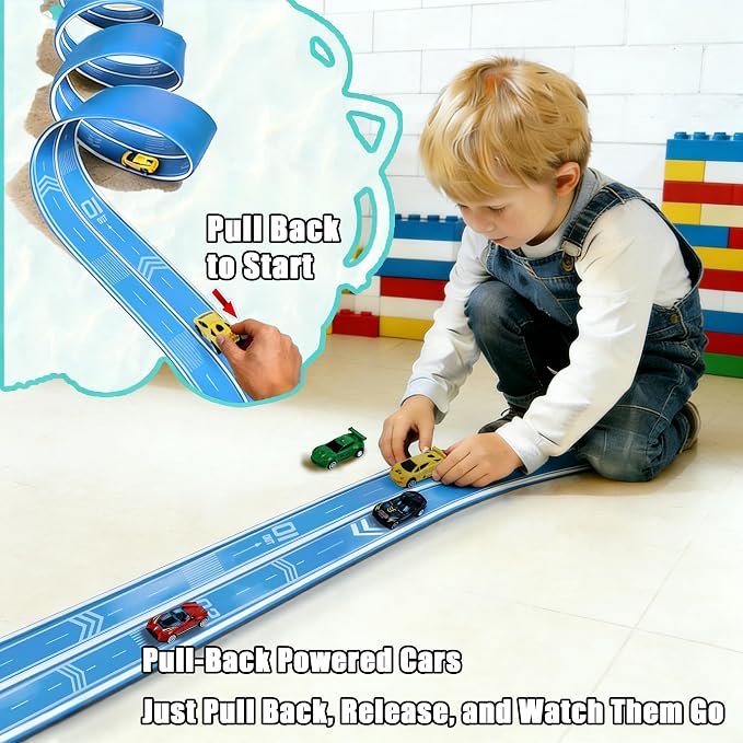 16.4Ft Flexible Race Track for Kids Ages 3+, Patterned Dual-Lane Roll Up Race Track Set with 4 Toy Cars & Suction Cups, Compatible with 1/64 Diecast Cars, Portable DIY Racing Toy(Daytona Blue)