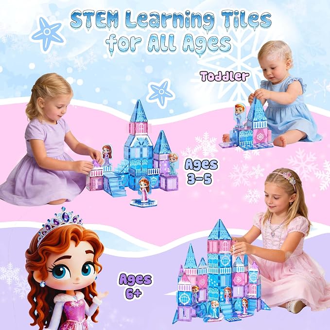 GobiDex 100PCS Magnetic Tiles Princess Castle with 4 Dolls & Stairs, Princess Magnetic Building Blocks for Kids Ages 3-5 4-8, Magnets Sensory Toddler Toys Birthday Gifts for 3+ Year Old Girls Boys