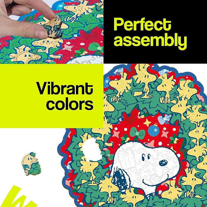 Peanuts Christmas Snoopy Puzzles for Adults – Wooden Puzzle, 200 Pieces Unique Shaped Woodstock Jigsaw Puzzles, 5MM Thick, Officially Licensed Merchandise – Merry Moments Together, 11.1" x 13.1"