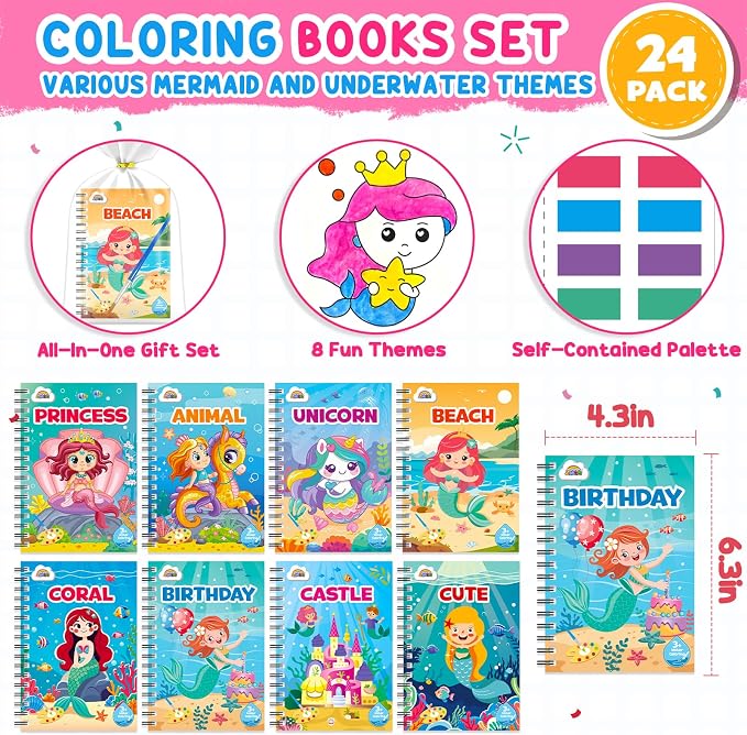 ZMLM 24 Water Coloring Books for Kids Party Favors - Bulk Mini Coloring Books for Kids Ages 4-8,Small Birthday Goodie Bag Stuffers School Teacher Return Gift Art Crafts Classroom Prizes (Mermaid)
