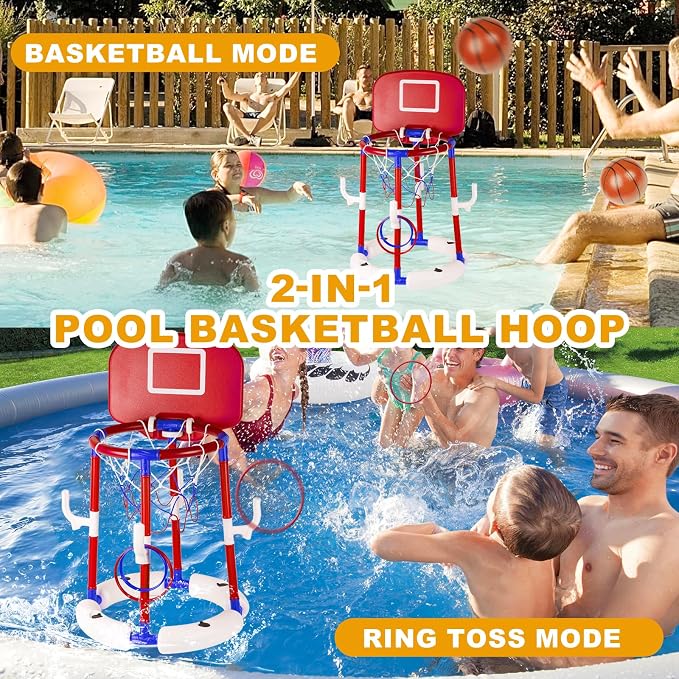 Taotuo Red Floating Pool Basketball Hoop with Backboard, 2-in-1 Poor Toy Basketball & Ring Toss Game with 4 Balls, 6 Rings&Pump, Summer Pool Toys Indoor&Outdoor Water Fun Family Party for Age 3-12