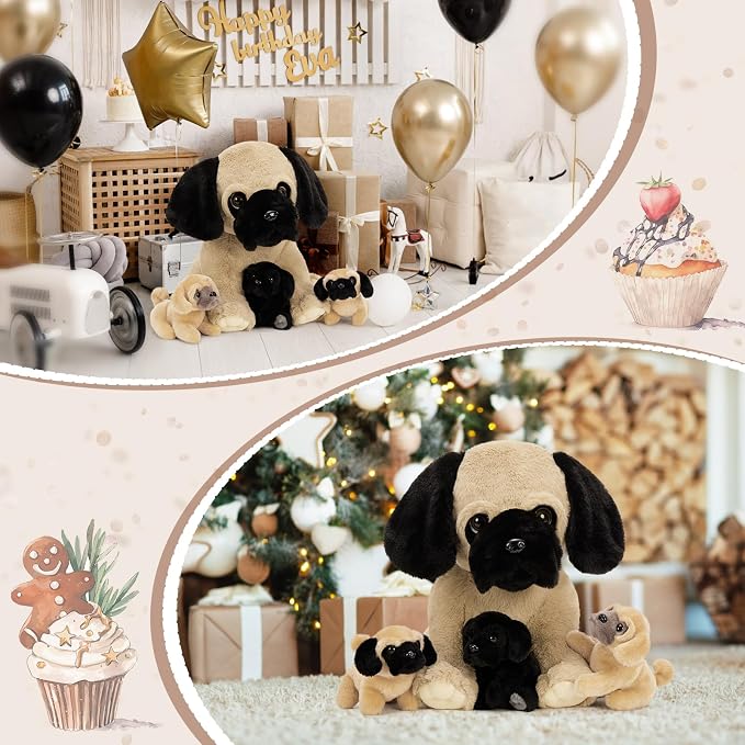 MorisMos Pug Dog Stuffed Animal with Babies,14'' Large Mommy Dog Push with Baby Puppy Toys for Kids,4Pcs Realistic Bulldog Toys for Girl Boy, Stuffed Pug Toy Gift for Birthday Christmas