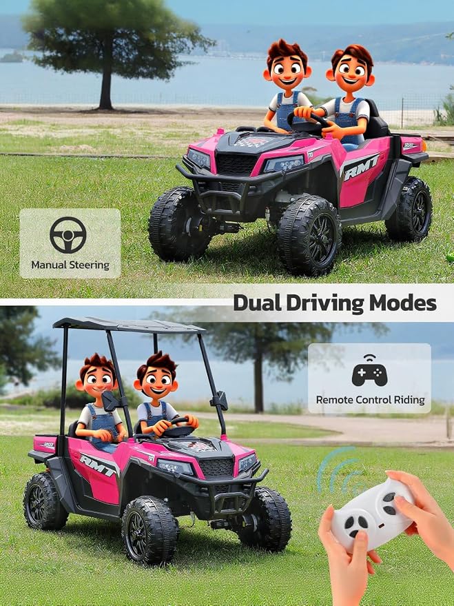 ELEMARA 24V Ride on Toy for Big Kids,Ride on Car 2 Seater w/Sun Shade,Dump Bed & Shovel,4.5MPH,4WD Electric Car for Kids,Battery Car w/Remote,Kids Ride on Truck,3 Speeds,LED Lights,Bluetooth, Pink