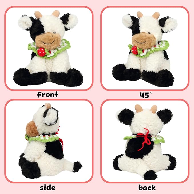 Hopearl Adorable Plush Cow Toy with Knitted Cute Strawberry Bib Floppy Dairy Cattle Soft Kawaii Stuffed Animal Gift for Boys Girls Kids Toddlers, 9''