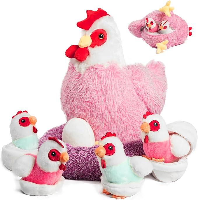 9 in 1 Chicken Stuffed Animal Set, Zippered Stuffed Chicken Plush Toys for Kids Egg Laying Hen with Coop, Plush Chickens and Eggs, Pink Chicken Toys for Kids Christmas Birthday Gifts Party Decor