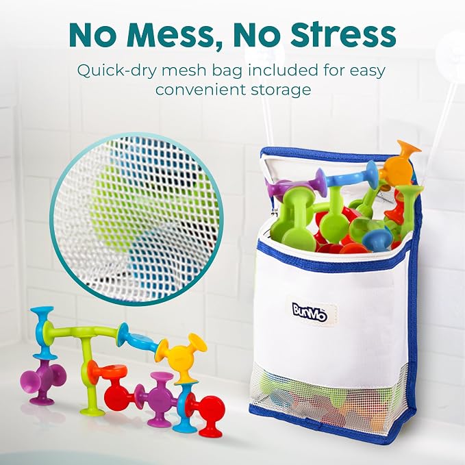 BUNMO Bath Toys Suction - Connect, Build, Create - Bath Toys - Hours of Fun & Creativity - Fine Motor Skills - Stimulating Sensory Toys - Non-Mouthable Toy 3+ - Textured 44 Pack