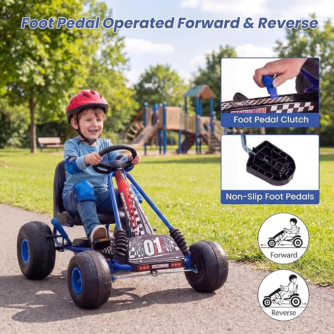 Costzon Pedal Go Kart, 4 Wheel Ride on Toy Pedal Car with Adjustable Seat, Forward/Backward & Handbrake, Outdoor Bicycle Go Cart with Wear-Resistant Wheels, Gift for Boys and Girls (Blue)