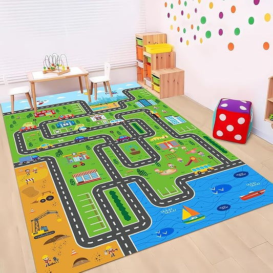 Kids Car Playmat, Kids Rug for Playroom Car Mat Town City Road Traffic Rugs, Play Mat for Floor, Extra Large Boys Kid Car Track Play Rug (Style ONE, 78.7X 59 INCH)
