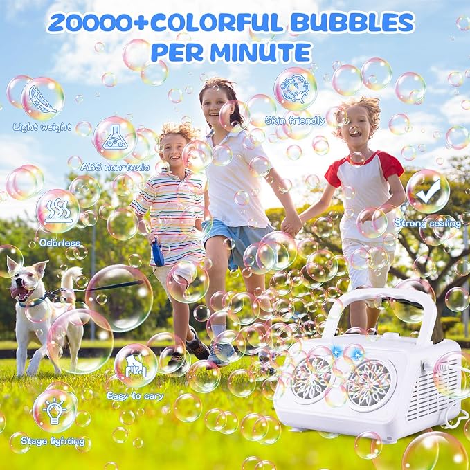 SHCKE Automatic Bubble Machine with 2 Fans,20000+ Bubbles/Min | Dual power USB-C/AA, No-Leak Sealed Bottle,Portable Bubble Maker for Pool, Wedding, Camping, Birthday Parties