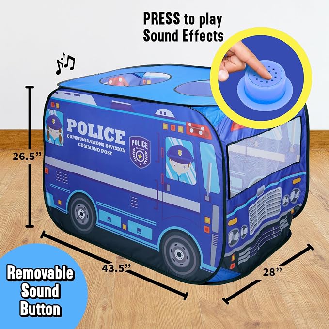 Playbees Musical Police Car Pop Up Play Tent with 3 Openings - Tent for Toddlers - Indoor & Outdoor - Pop Up Tents for Kids - Includes Carry Bag and Sound Button- 43.5x28x26.5 Inch
