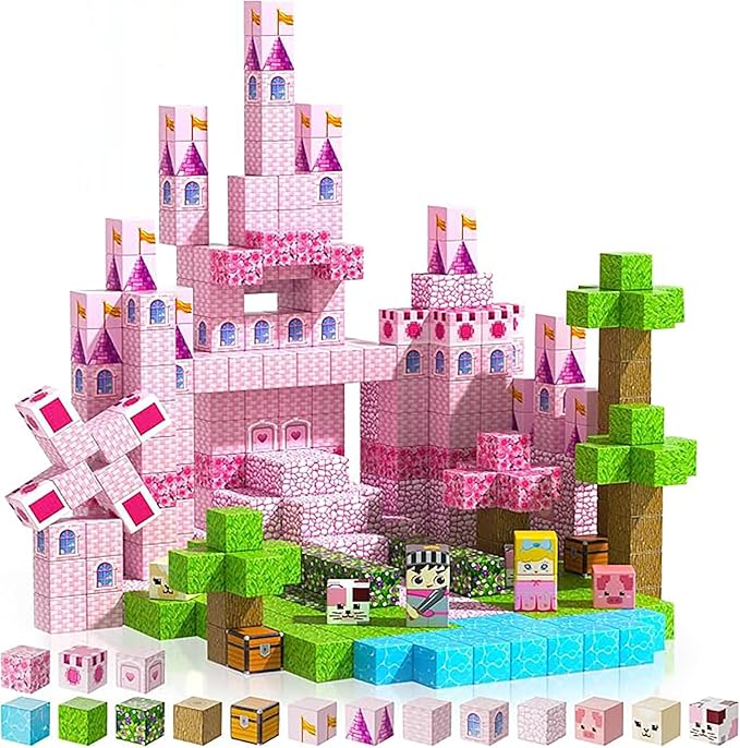 Pink Magnetic Building Blocks Magnetic Building Tiles Toys for Boys Girls Age 3+，Creative Plastic Magnet Square Gift for Kids Pink Castle 100PCS