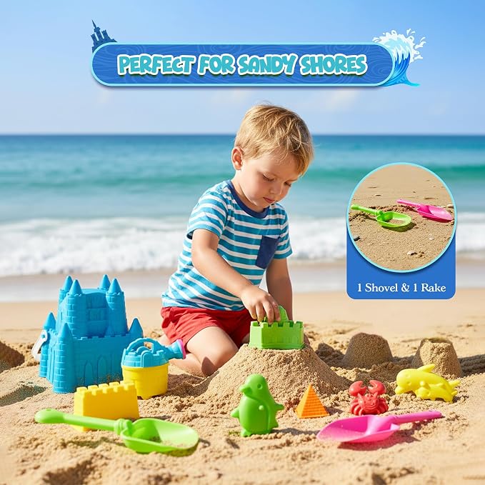 4E's Novelty Beach Toys for Kids with Bag (17 Pcs Set) Castle Beach Bucket with Shovels & Molds Kit - Sand Toys Set for Toddlers with Mesh Beach Bag Backpack, Easter Basket Stuffer
