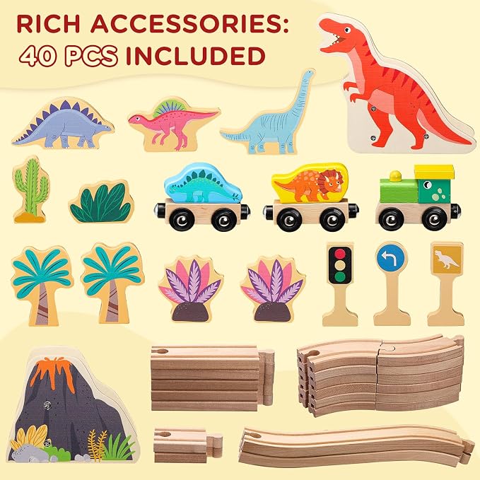SainSmart Jr. Wooden Train Set Dinosaur Theme, Train Toys with 6 Kinds of Dinosaurs, Dinosaur Train Compatible with Brio, Thomas, Melissa & Doug – Perfect Wood Toy for Boys and Girls