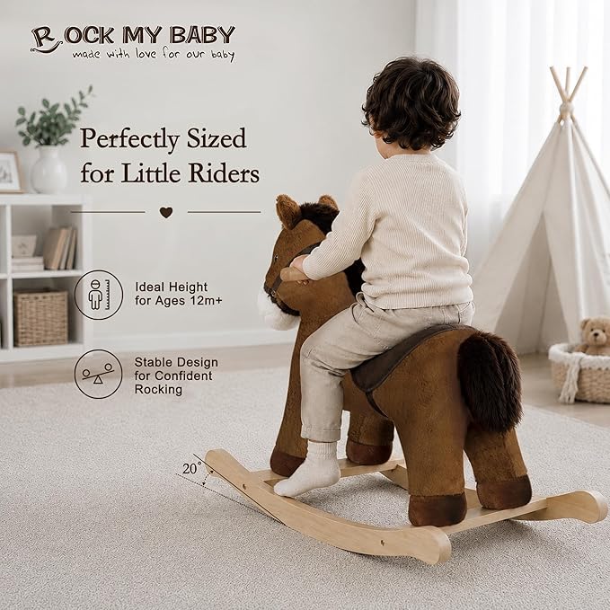 Rock My Baby Rocking Horse, Dark Brown Horse Rocker for Toddlers 18M+, Plush Ride on Horse Toy with Realistic Sound,Soft Stuffed Filling, CPC Certified