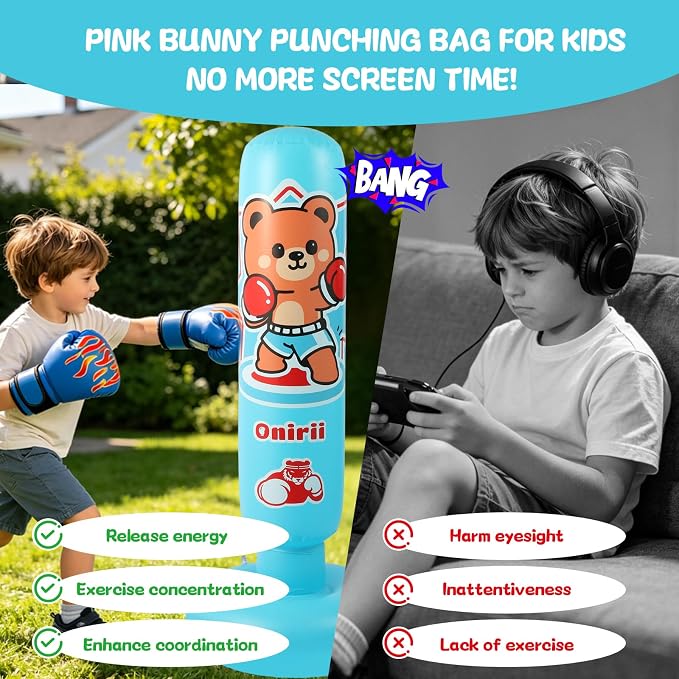 Onirii Kids Inflatable Punching Bag | Large Stable Kids Inflatable Boxing Bag Toy Set with Gloves for Boys & Girls Age 3-12 for Taekwondo,MMA and Practicing Karate