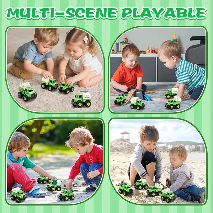 4 Pack Friction Powered Garbage Truck Toys, Push and Go Sanitation & Recycling Vehicle Set with Realistic Details, Eco-Friendly Trash Trucks for Toddlers 1-5, Gift for Boys Girls