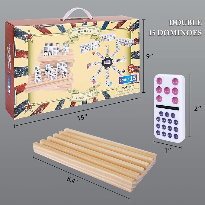 Mexican Train Dominoes Set Double 15, Dominoes Set for Adults and Family, Colored Dot - 136 Tiles in Tin Box, 9 Trains, Hub, 8PCS Wooden Trays