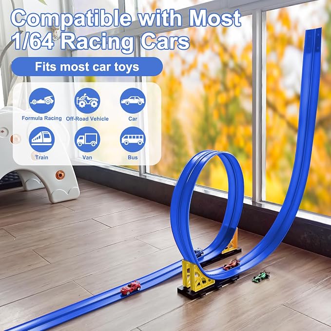 15 FT Flexible Toy Car Track with Suction Cups: DIY Roll-Up Racetrack Ramp for Window & Wall Surfaces, Compatible with 1/64 DieCast Vehicles, Screen for Boys Girls Ages 3-8