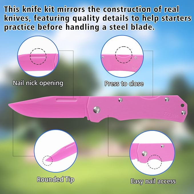 JIN Alpha Kids Pocket Knife, Fidget Toy, DIY Making Kit, Folding EDC, Fake Knives, Safe for Kids, Pink G10 Blade & Handle, Girls Gift, Camping Tool