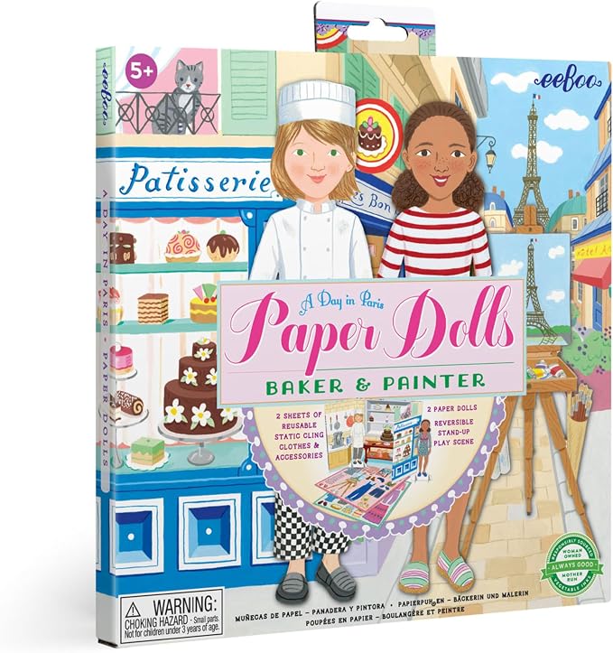 eeBoo Baker and Painter Paper Dolls Set - Reusable Dress-Up Play with Stand-Up Scene, Travel-Friendly Screen-Free Fun for Kids Ages 5 and up