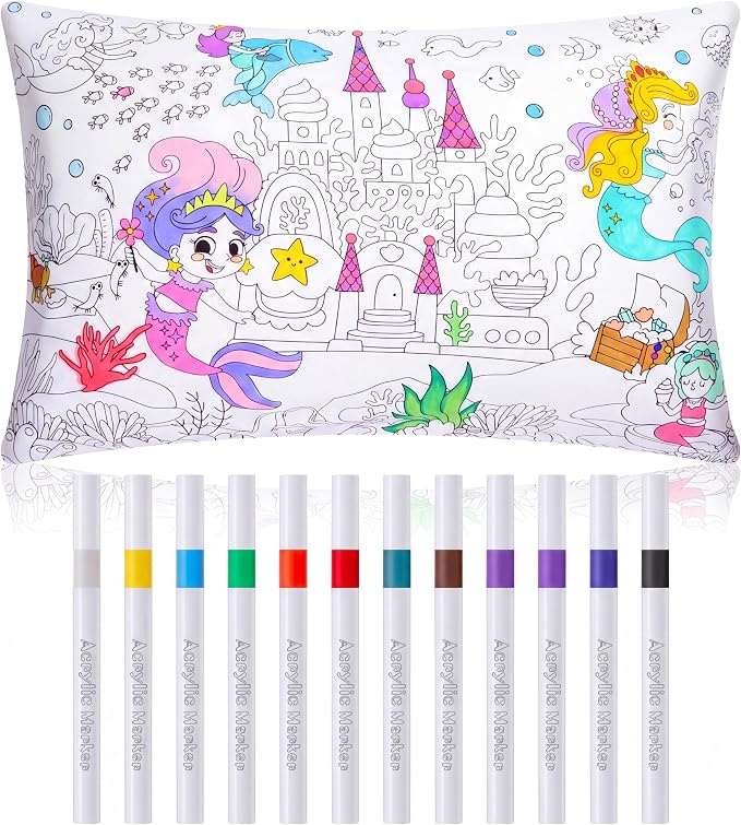Mindsoft Coloring Craft Coloring Pillowcase Mermaid Pillowcase with 12 Pcs Markers Pens for Decoration Supplies Craft, 28.7 x 19.7 Inch