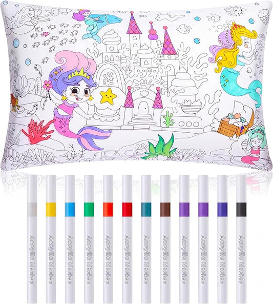 Mindsoft Coloring Craft Coloring Pillowcase Mermaid Pillowcase with 12 Pcs Markers Pens for Decoration Supplies Craft, 28.7 x 19.7 Inch