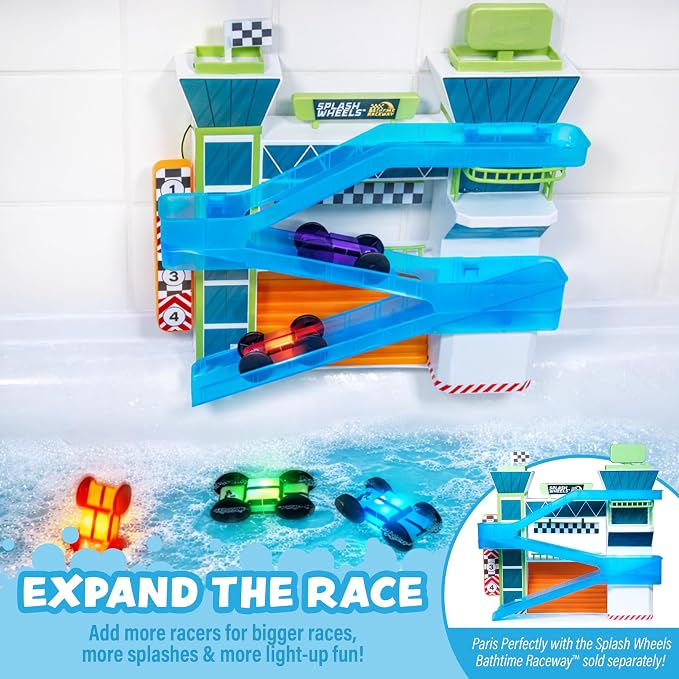 Tub Works® Splash Wheels™ Race Car Light Up Bath Toys, 3 Pack | Water-Activated Light Up Toys Flash & Change Color | Expansion Bath Cars for Bathtime Raceway Car Ramp | Fun Toddler & Kids Bath Toys