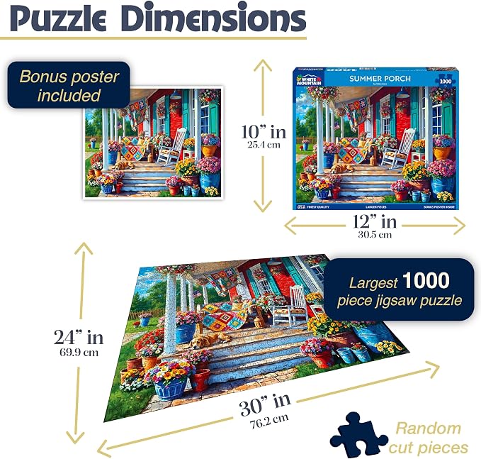 White Mountain 1000 Piece Jigsaw Puzzle Cozy Farm House Puzzles with Large Pieces Gift for Adults and Family 24"x30" - Summer Porch
