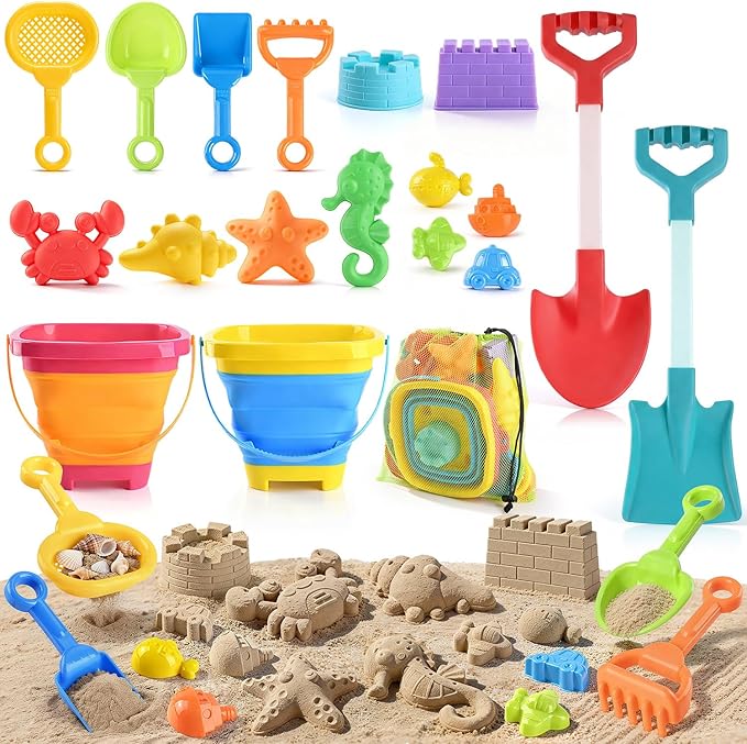 Beach Toys for Kids, Sand Toys Set with Collapsible Sand Bucket, 20” Shovel, Marine Life & Vehicles Molds Sand Castle Toys and Storage Bags, Travel Beach Toys for Toddler 4-8