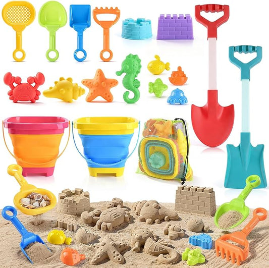 Beach Toys for Kids, Sand Toys Set with Collapsible Sand Bucket, 20” Shovel, Marine Life & Vehicles Molds Sand Castle Toys and Storage Bags, Travel Beach Toys for Toddler 4-8