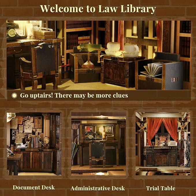 CCCDF Book Nook Kit Library, DIY Miniature House Kit, 3D Wooden Puzzle Dollhouse Kit for Adults and Teens, Bookshelf Booknook with LED Light (Law Library)