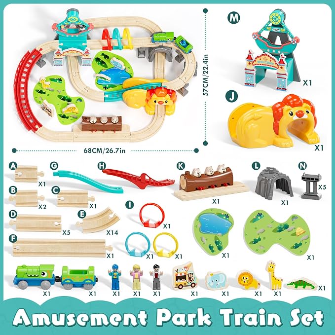 Lehoo Castle Wooden Train Set - Train Track Set with Battery-Operated Dinosaur Train, Lion Tunnel Lights & Sounds, Train Toy Birthday Gift for Boys & Girls Ages 3-7
