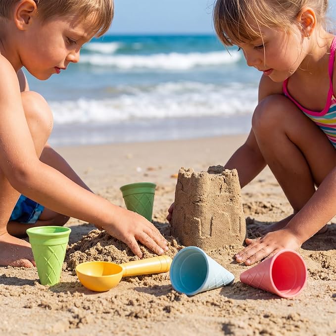 Potchen 16 Pcs Plastic Ice Cream Cones Cups and Scoop Set, Beach Sand Toys for Kids, Summer Sandbox Ice Cream Mold Set for Sensory Table, Outdoor Play Backyard Seaside Activities, Macaron Pastel