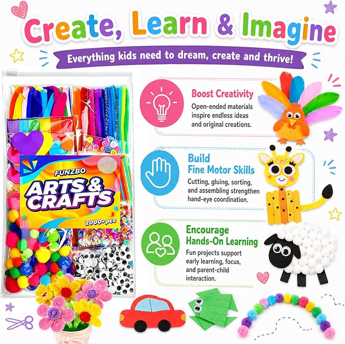 FUNZBO 2000Pcs+ Arts & Crafts Supplies Kits for Kids, DIY Craft Supplies for Toddlers Art Supply Tools Set Pipe Cleaners, Pom Poms and Feather, Birthday Gifts for Kid Girls Ages 4-8-12