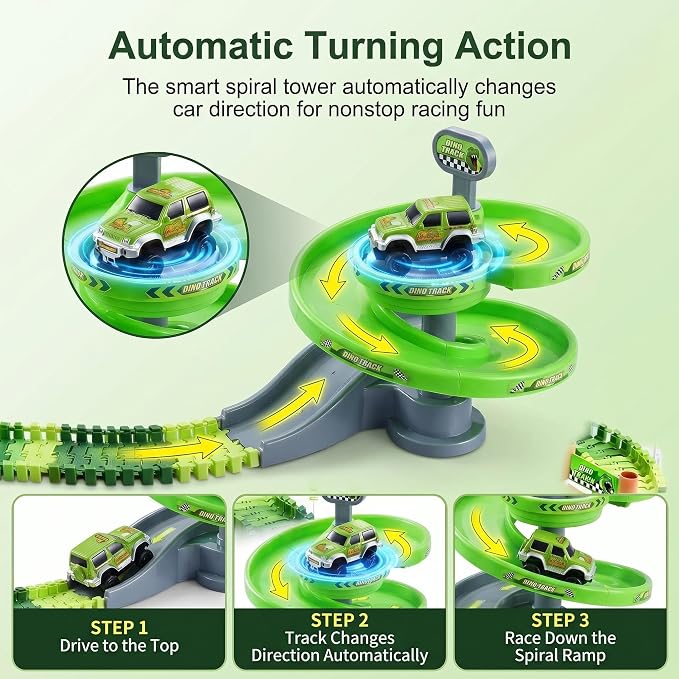 Dinosaur Race Track Toys for Boys 3-5, Spiral Car Track Set with Dinosaur Adventure Scene, Flexible Race Track Playset for Boys Age 4-7 Birthday Gifts