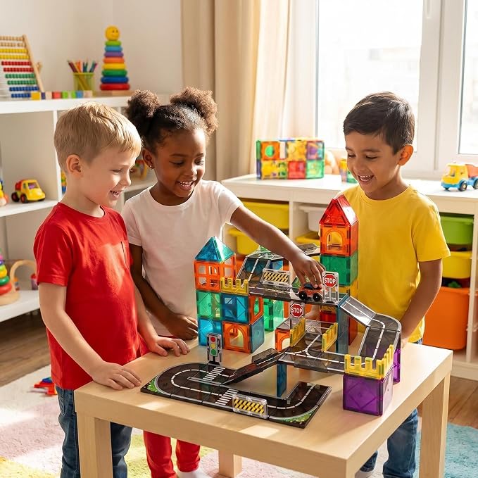 Magnetic Tiles Road Set, 89 PCS Magnetic Building Blocks with Roads, Bridges & Ramps, STEM City Building Toys for Kids Ages 3-8, Educational Construction Magnet Toys, Gifts for Boys Girls