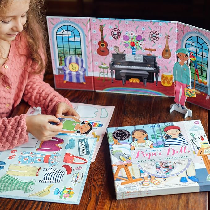 eeBoo Musician and Artist Paper Dolls Set - Reusable Dress-Up Play with Stand-Up Scene, Travel-Friendly Screen-Free Fun for Kids Ages 5 and up